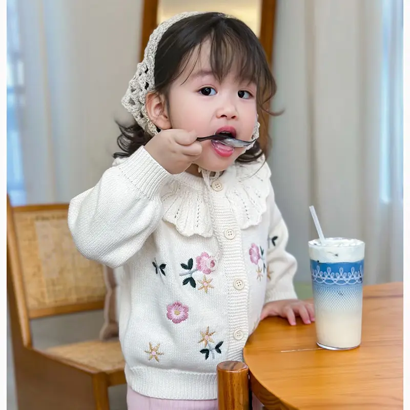 Autumn Baby Sweater Girl Sweaters Cardigans Embroidery Flower Ruffled Cardigans Toddler Knitwear Jackets Kid Knit Clothes Tops