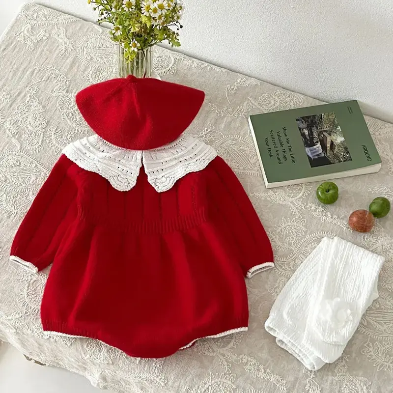 Christmas Knitting Newborn Romper Baby Girl Autumn Red Clothes Cute Long Sleeve Sweater Romper Jumpsuit Casual Newborn Outfits
