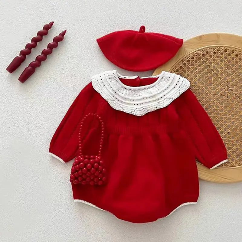 Christmas Knitting Newborn Romper Baby Girl Autumn Red Clothes Cute Long Sleeve Sweater Romper Jumpsuit Casual Newborn Outfits