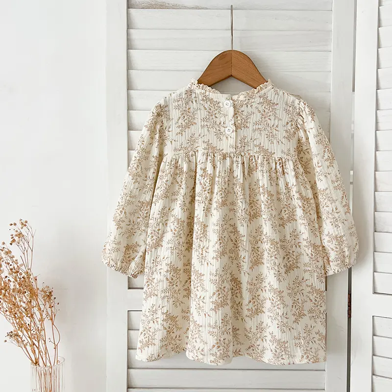 1-6Yrs Girls' Dress Floral Print Lace Girls' Cotton Dress 2025 Autumn New Flower Long Sleeved Sweet Children's Princess Dress