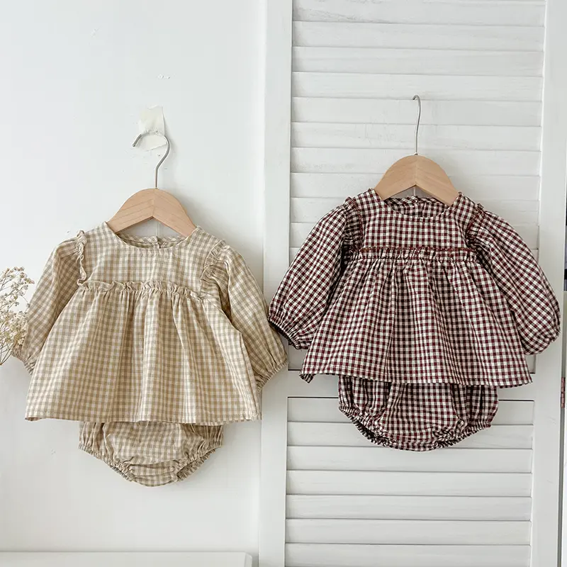 Baby Cotton Clothing Sets 0-2Yrs Autumn New Baby Girl Clothes Set Plaid Tee And Bloomer 2pcs Toddler Kids Vest + Shorts Suit