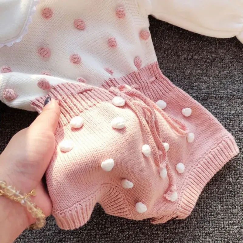 Baby Clothes New Infant Pink Knitted Rompers Newborn Baby Rompers Handmade Pompom Baby Girl Romper Cotton Baby Jumpsuit Overalls