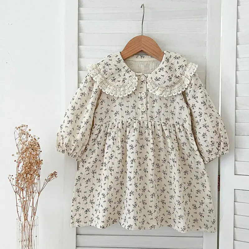 Autumn Kids Girls Dress 2-7Yrs Casual Floral Kids Clothes Cotton Lace Collar Baby Girl Princess Dress New Flower Girl Dresses