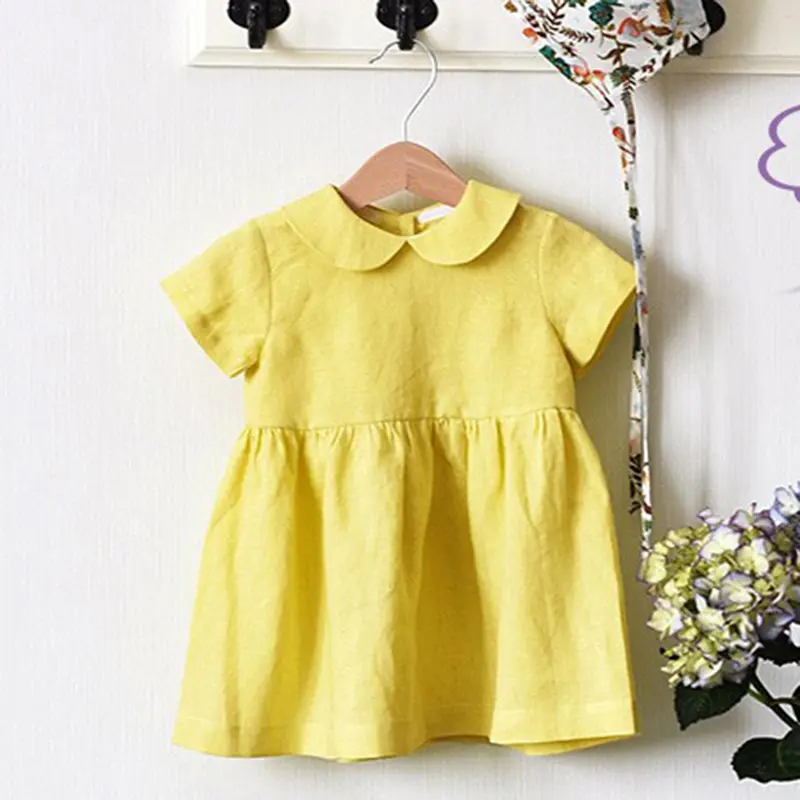 Baby Girl Clothing Summer Toddler Girl Dress Casual Short Sleeved Cotton and Linen Material Versatile Solid Color Princess Dress