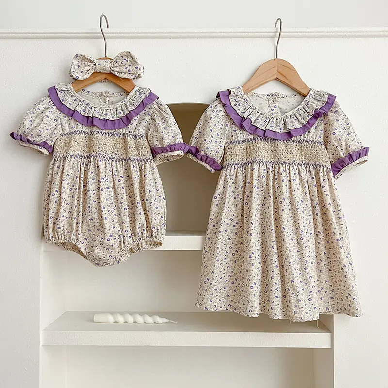 Summer Baby Dress Smocking Hand Embroidery Clothes Toddler Girl Dresses Cotton Kids Girls Puff Sleeve Casual Soft Girl Dress ﻿