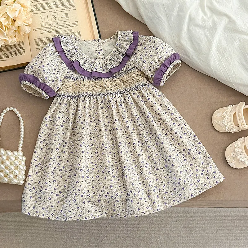 Summer Baby Dress Smocking Hand Embroidery Clothes Toddler Girl Dresses Cotton Kids Girls Puff Sleeve Casual Soft Girl Dress ﻿