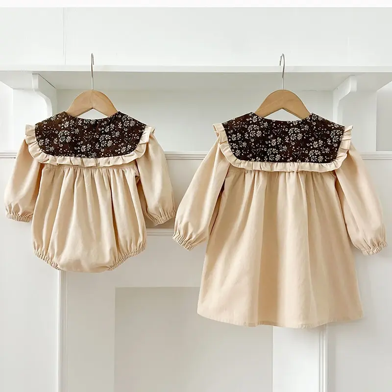 Spring Baby Girls Dress Big Lapel Retro Long Sleeve Dresses Baby Romper Family Matching Sister Outfit Toddler Princess Dress