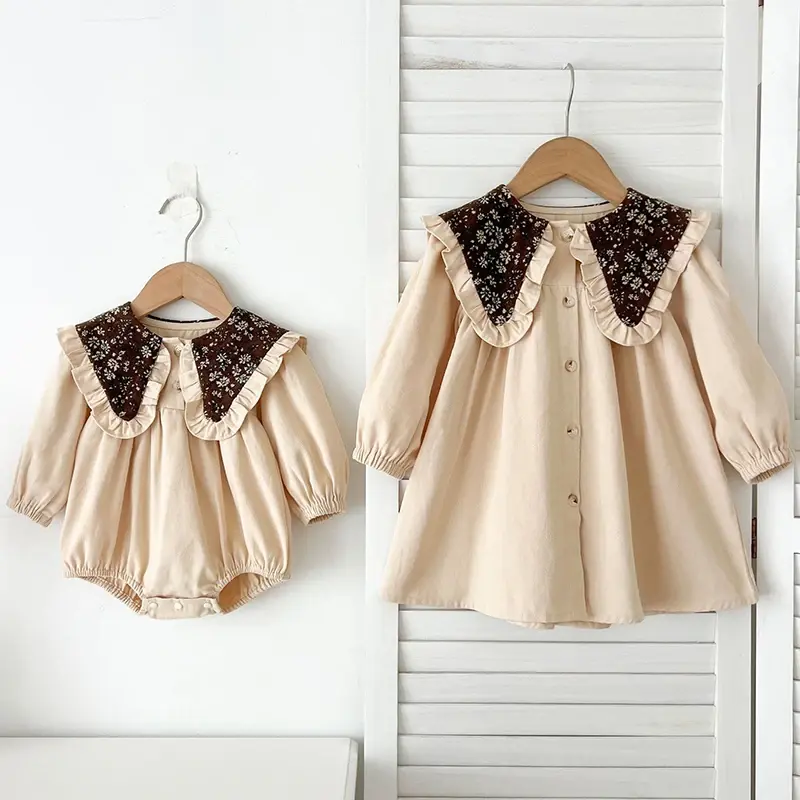 Spring Baby Girls Dress Big Lapel Retro Long Sleeve Dresses Baby Romper Family Matching Sister Outfit Toddler Princess Dress
