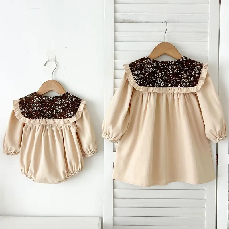 Spring Baby Girls Dress Big Lapel Retro Long Sleeve Dresses Baby Romper Family Matching Sister Outfit Toddler Princess Dress