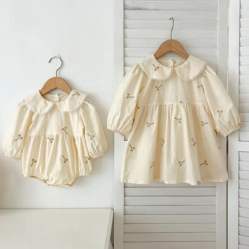 Sisters Clothes Infant Baby Girls Lace Collar Dress Rompers Kids Girls Embroider Flower Princess Dress Family Clothes Rompers