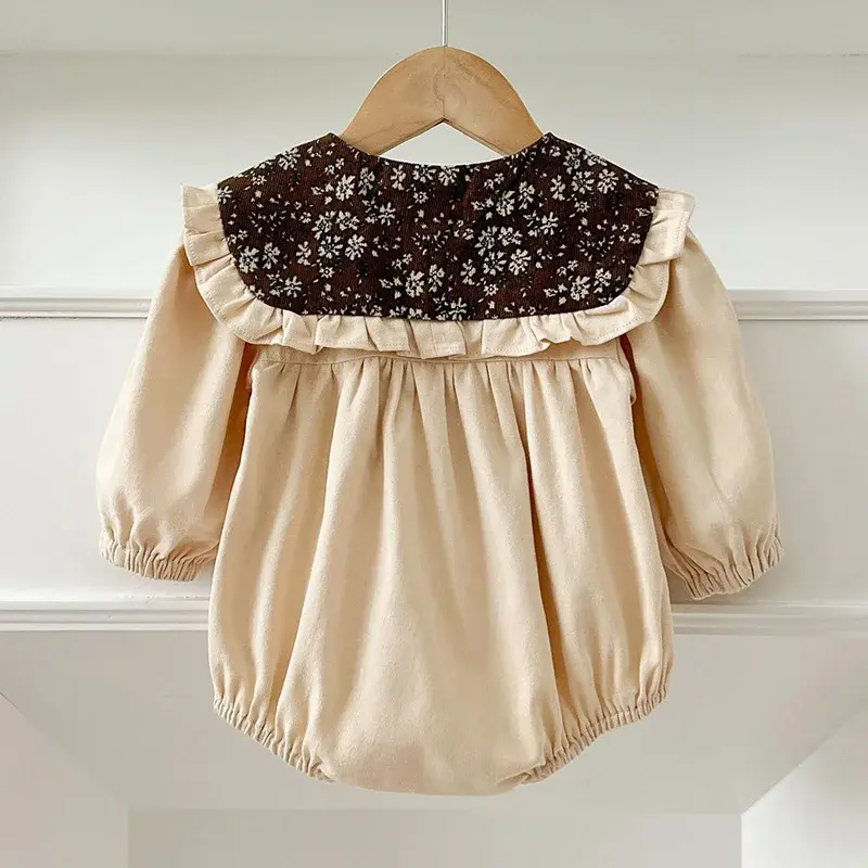0-2Yrs Spring Infant Bodysuit Newborn Girls Romper Embroidery Lapel Big Collar Romper Cotton Long Sleeved Jumpsuit Baby Clothes
