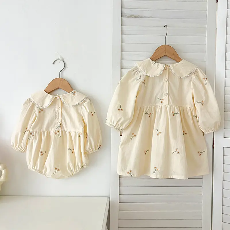 Sisters Clothes Infant Baby Girls Lace Collar Dress Rompers Kids Girls Embroider Flower Princess Dress Family Clothes Rompers