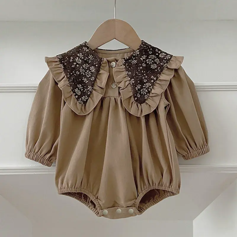 0-2Yrs Spring Infant Bodysuit Newborn Girls Romper Embroidery Lapel Big Collar Romper Cotton Long Sleeved Jumpsuit Baby Clothes