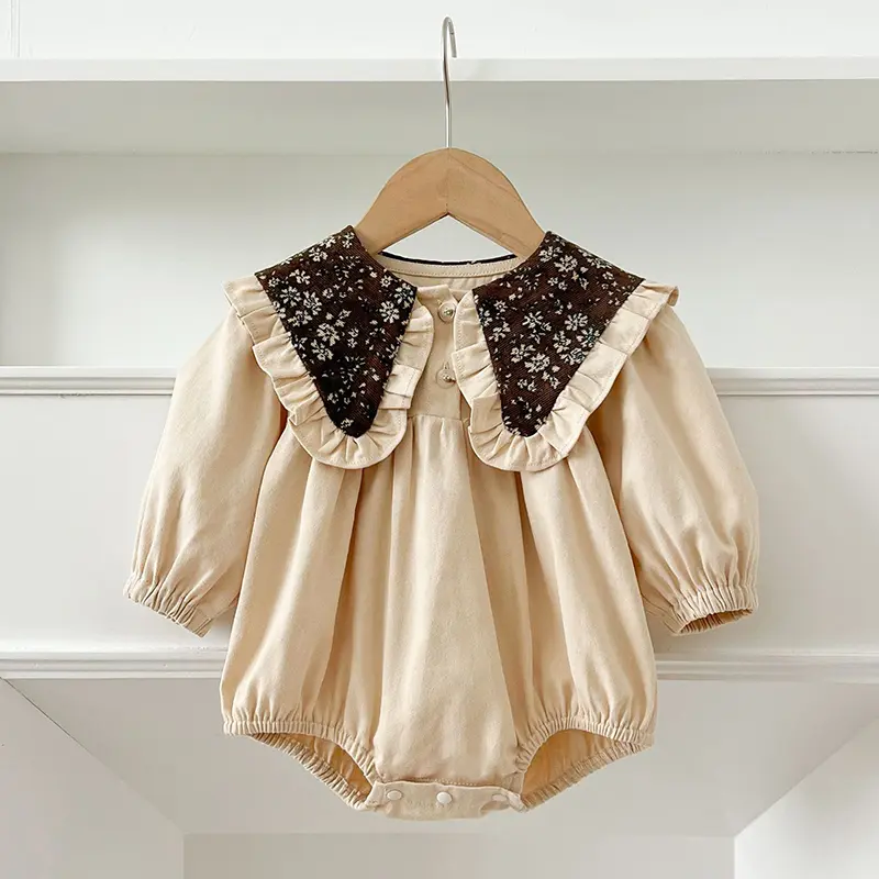 0-2Yrs Spring Infant Bodysuit Newborn Girls Romper Embroidery Lapel Big Collar Romper Cotton Long Sleeved Jumpsuit Baby Clothes