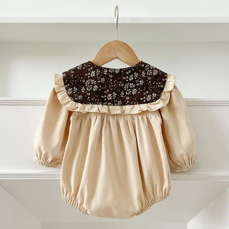 0-2Yrs Spring Infant Bodysuit Newborn Girls Romper Embroidery Lapel Big Collar Romper Cotton Long Sleeved Jumpsuit Baby Clothes