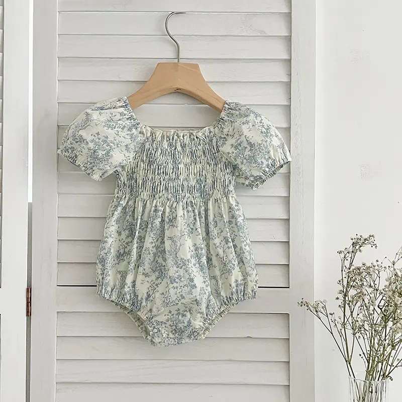 Summer Sister Dress Infant Newborn Baby Girl Clothes Sister Female Baby Small Broken Blue Flower Short Sleeved Romper Clothes ﻿