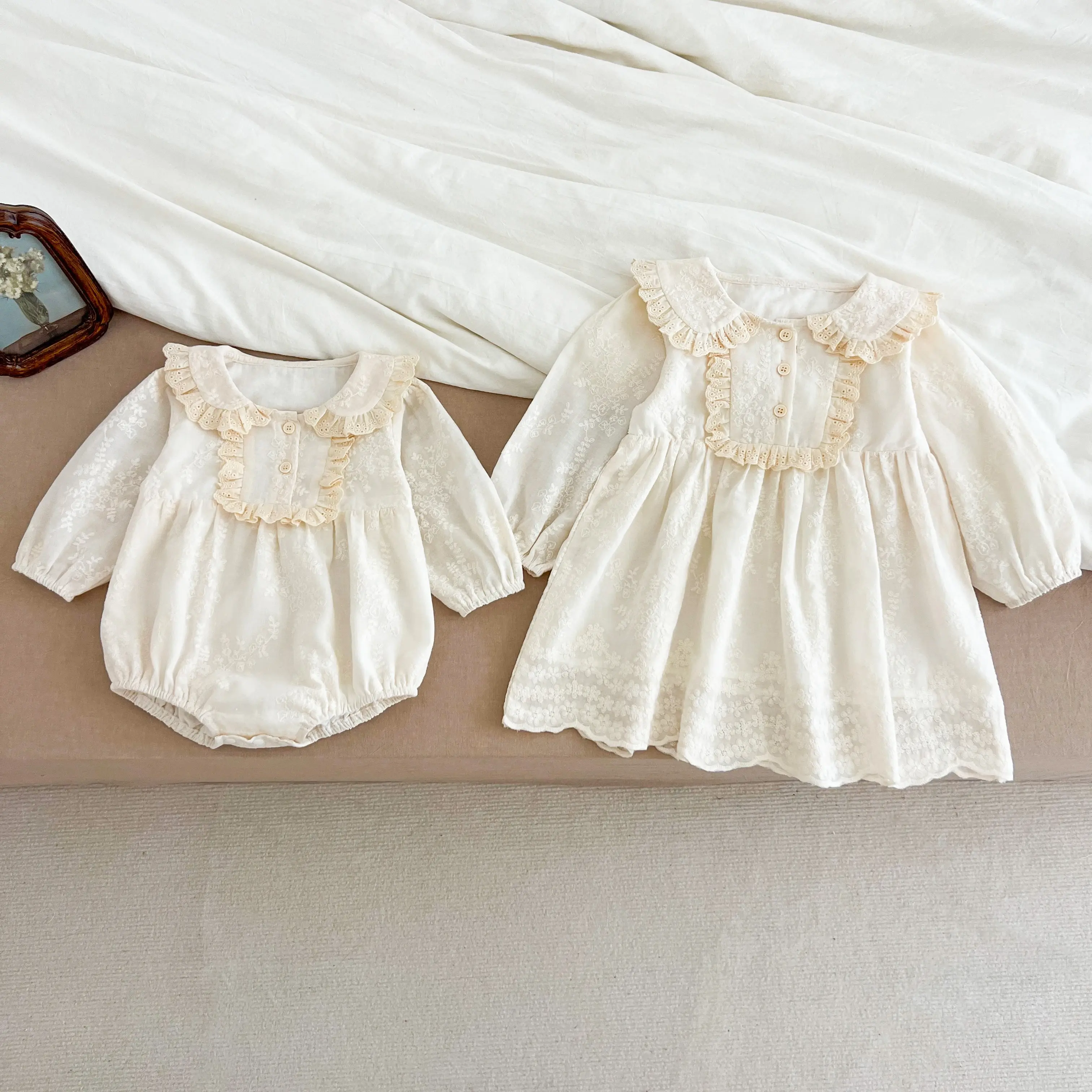 2025 Spring Sister Clothes Kids Princess Dresses Baby Girls Romper Long Sleeve Cotton Lace Princes Dress Baby Girl Clothing Suit