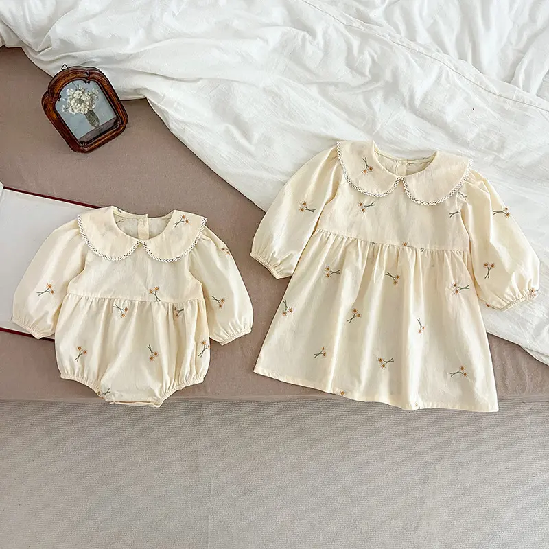 Sisters Clothes Infant Baby Girls Lace Collar Dress Rompers Kids Girls Embroider Flower Princess Dress Family Clothes Rompers