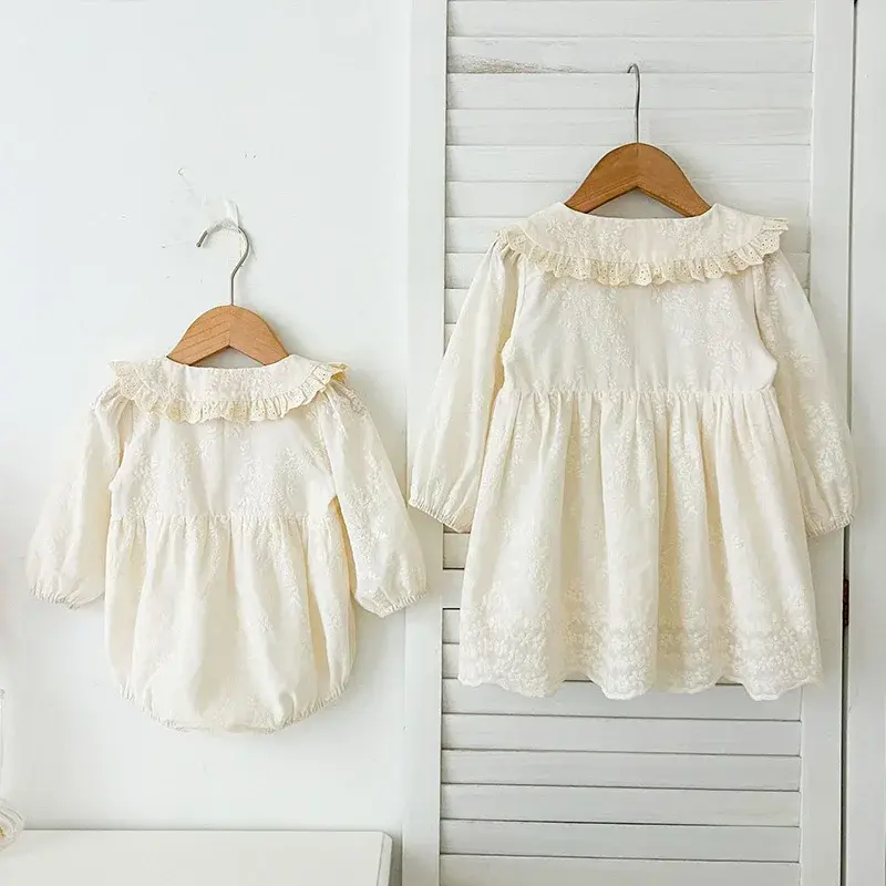 2025 Spring Sister Clothes Kids Princess Dresses Baby Girls Romper Long Sleeve Cotton Lace Princes Dress Baby Girl Clothing Suit