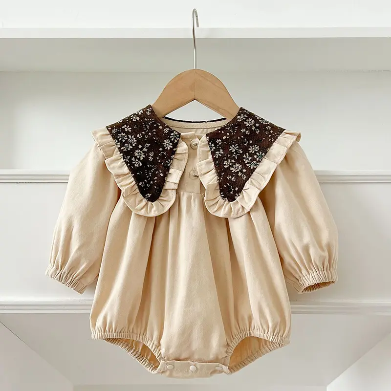 0-2Yrs Spring Infant Bodysuit Newborn Girls Romper Embroidery Lapel Big Collar Romper Cotton Long Sleeved Jumpsuit Baby Clothes