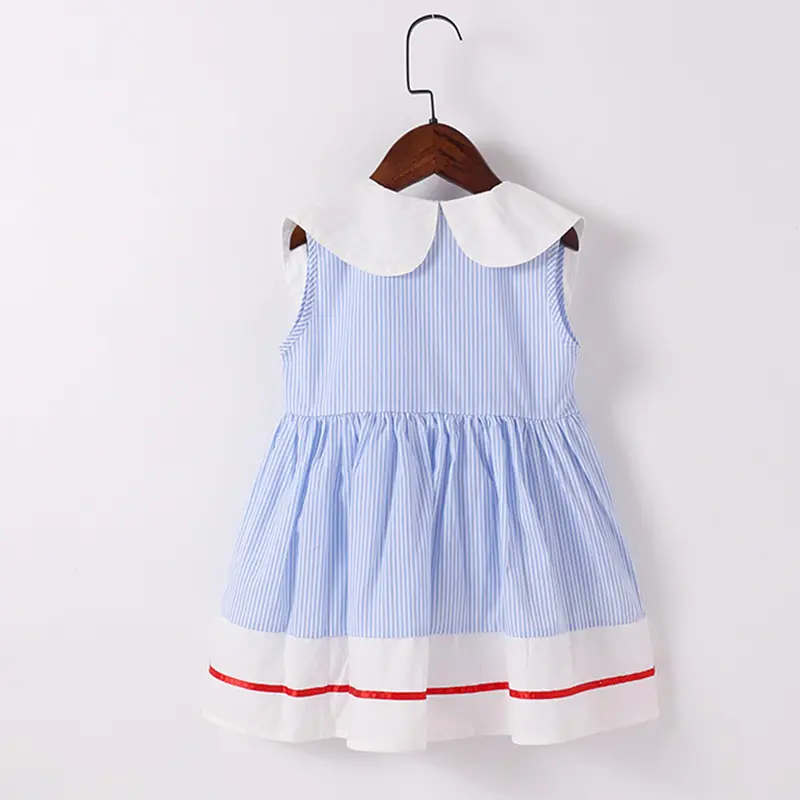Infant Baby Clothes 2-7Yrs Girl Dress Birthday Party Blue Stripes Kids Toddler Girl Dresses Embroidered Cherry Children Outfits
