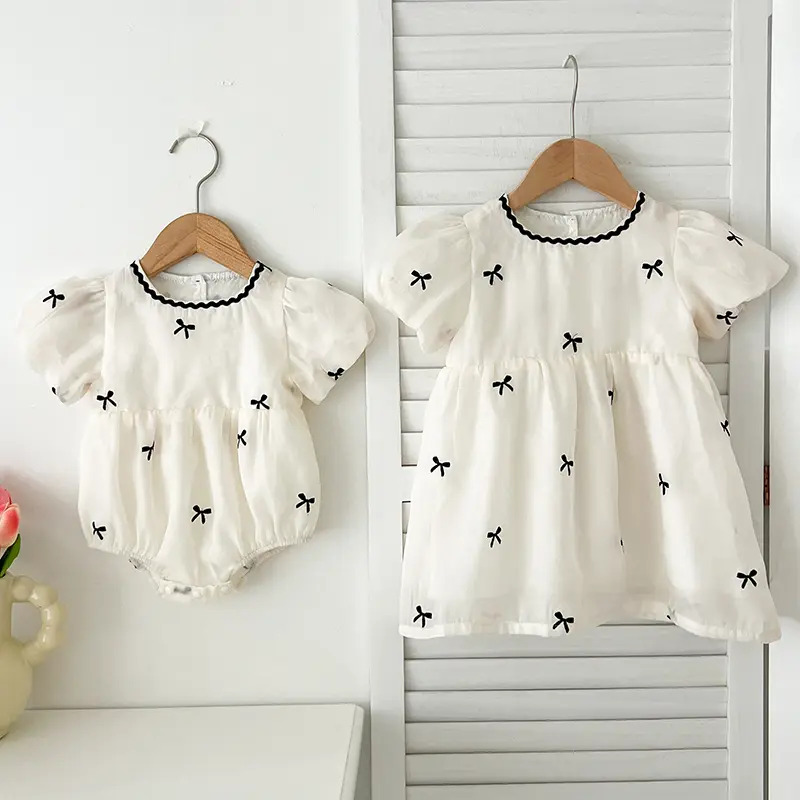 Kids Sisters Clothing Summer Baby Girl Dress Infant Girl Cute Bow Gauze Dress Sisters Puff Sleeve Toddler Sweet Princess Dress