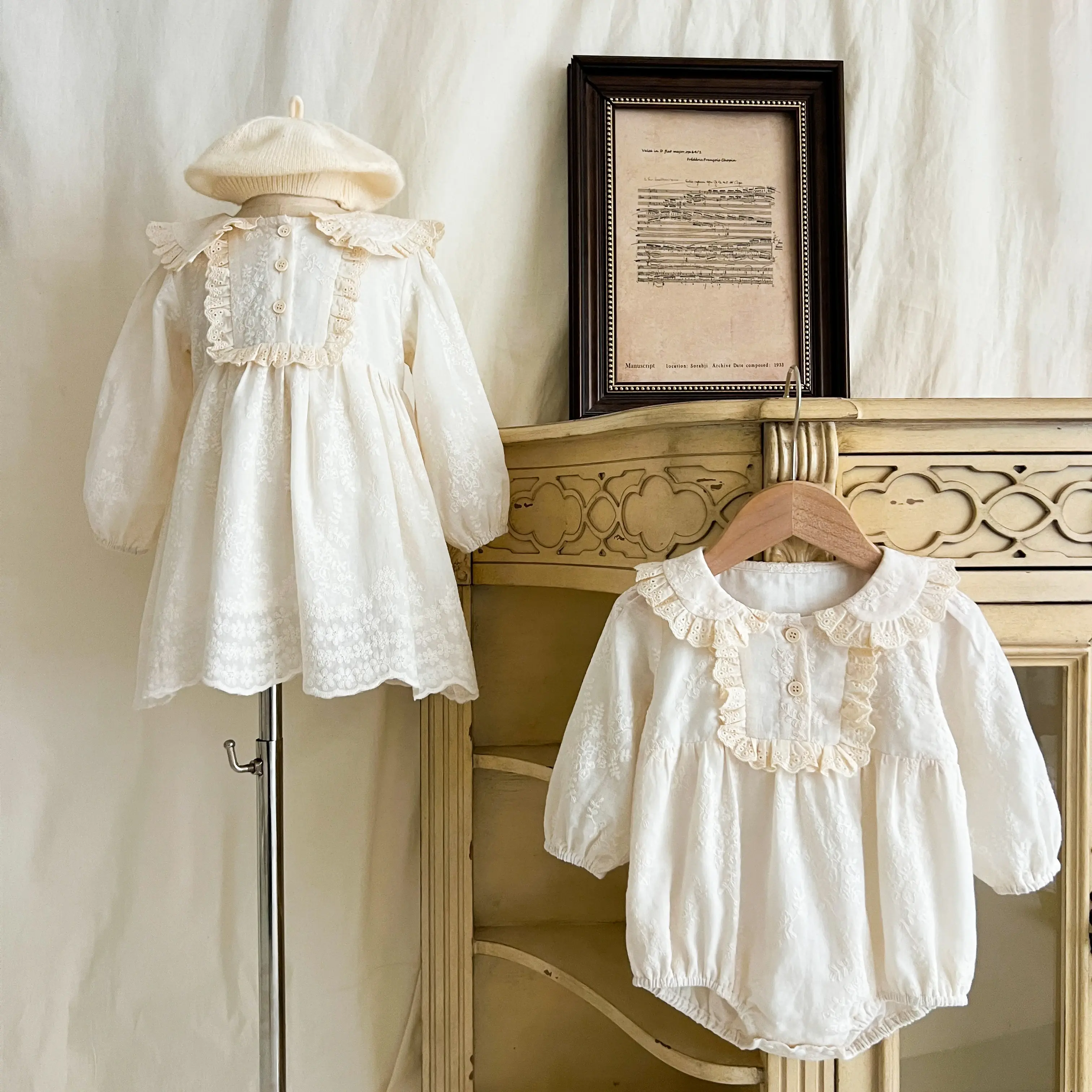 2025 Spring Sister Clothes Kids Princess Dresses Baby Girls Romper Long Sleeve Cotton Lace Princes Dress Baby Girl Clothing Suit