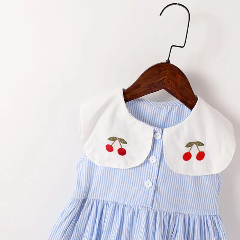 Infant Baby Clothes 2-7Yrs Girl Dress Birthday Party Blue Stripes Kids Toddler Girl Dresses Embroidered Cherry Children Outfits