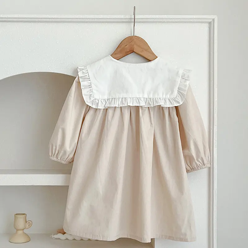 1-6Yrs Baby Girls Dress Autumn Casual Kids Clothes New Cotton Girls Princess Dress Big Turn Down Collar Dress Clothes Korean