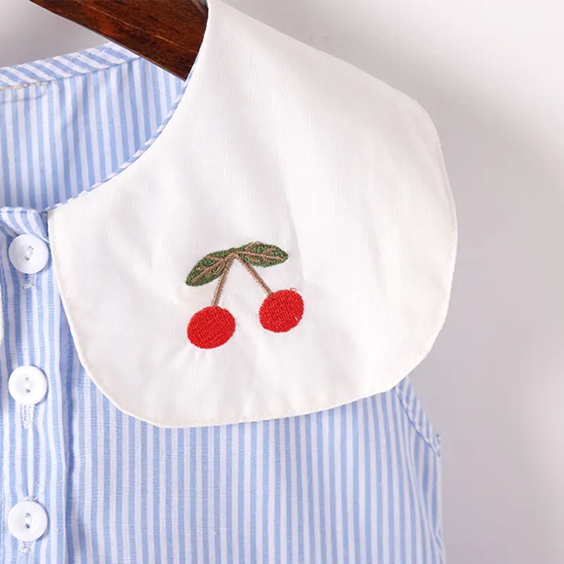 Infant Baby Clothes 2-7Yrs Girl Dress Birthday Party Blue Stripes Kids Toddler Girl Dresses Embroidered Cherry Children Outfits