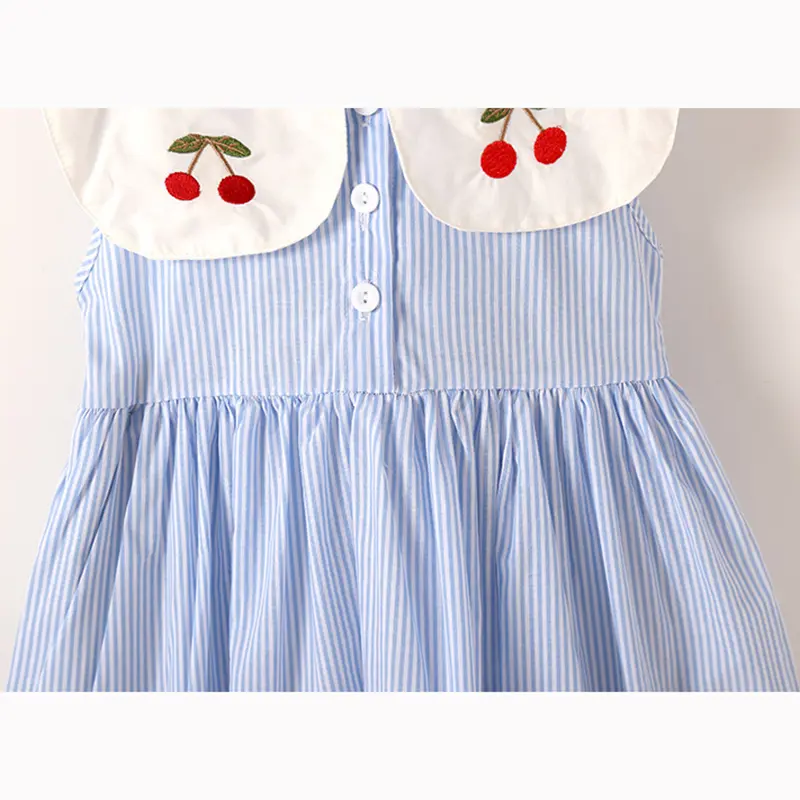 Infant Baby Clothes 2-7Yrs Girl Dress Birthday Party Blue Stripes Kids Toddler Girl Dresses Embroidered Cherry Children Outfits