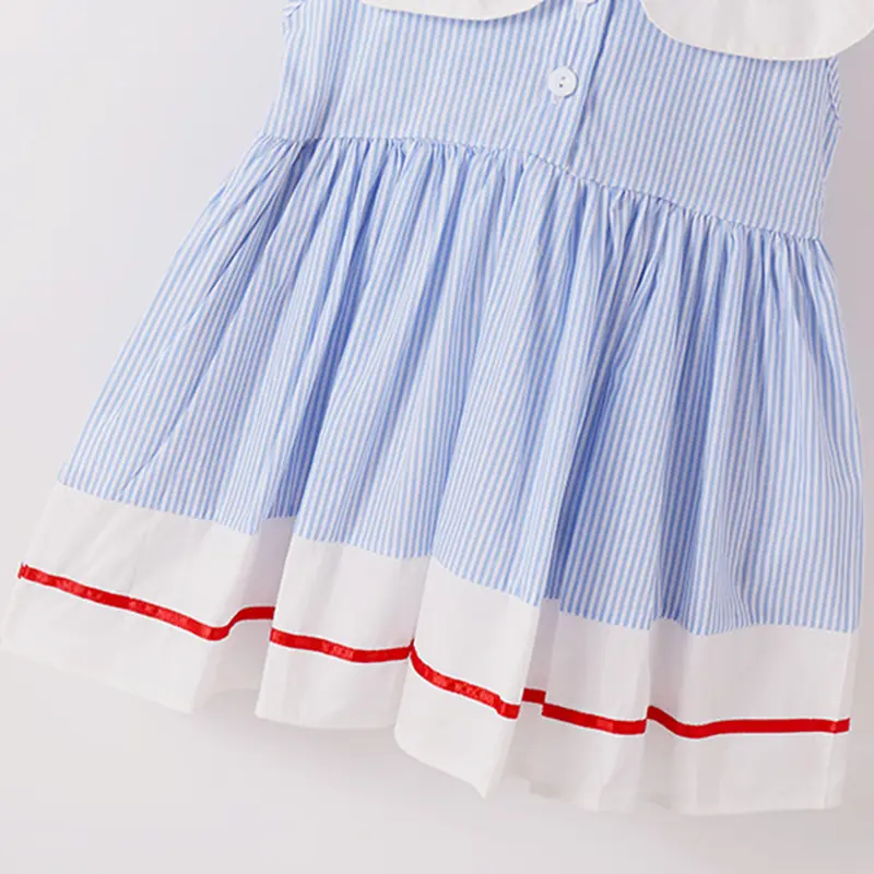 Infant Baby Clothes 2-7Yrs Girl Dress Birthday Party Blue Stripes Kids Toddler Girl Dresses Embroidered Cherry Children Outfits