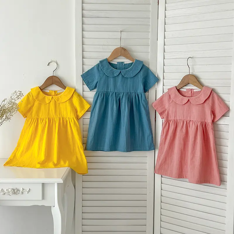 1-6Yrs Fashion Baby Clothing Dress Summer Infant Baby Girls Dress Linen Cotton Short Sleeved Ruffle Decoration Girl Lovely Dress