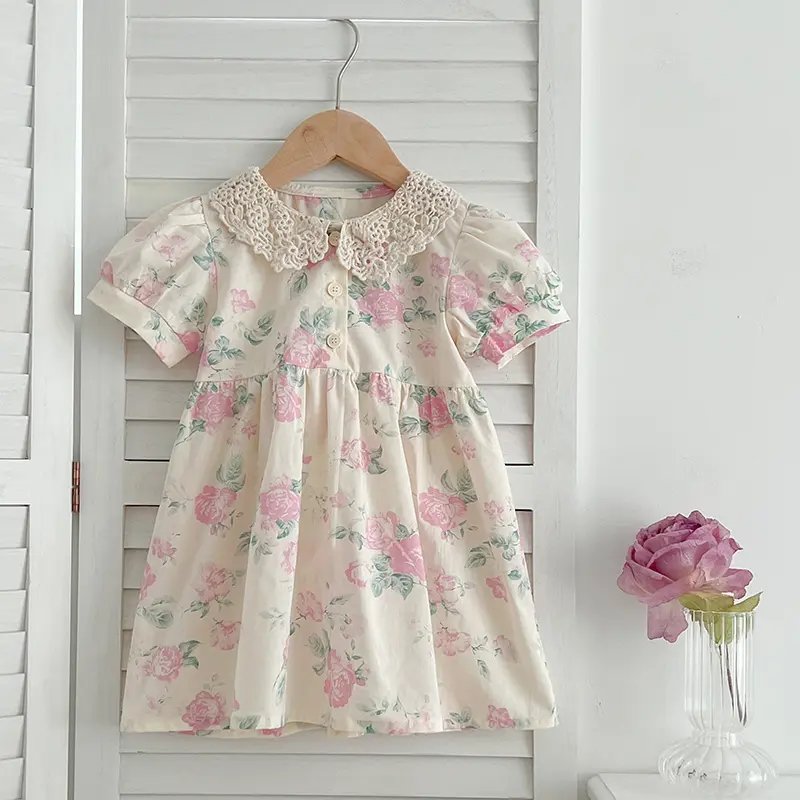 1-6Y Girls Dress Summer Casual Princess Dresses Lace Doll Collar Clothes Pink Flowers Costumes Kids Vestidos Cotton Party Dress