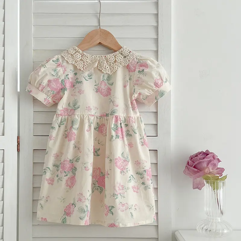 1-6Y Girls Dress Summer Casual Princess Dresses Lace Doll Collar Clothes Pink Flowers Costumes Kids Vestidos Cotton Party Dress