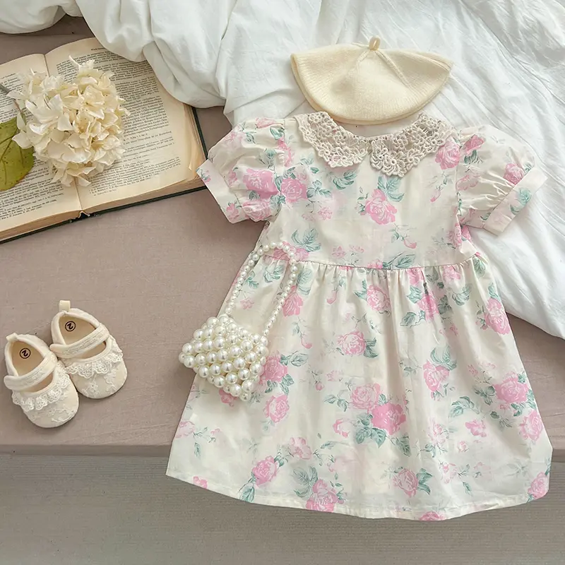 1-6Y Girls Dress Summer Casual Princess Dresses Lace Doll Collar Clothes Pink Flowers Costumes Kids Vestidos Cotton Party Dress