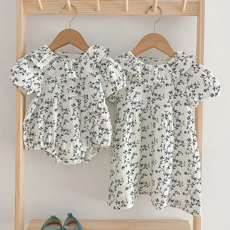 Summer New Kids Baby Girls Short Sleeve Sisters Print Dress Infant Rompers Kids Baby Girls Sweet Princess Clothes Rompers
