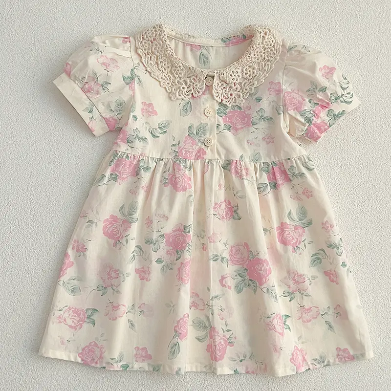 1-6Y Girls Dress Summer Casual Princess Dresses Lace Doll Collar Clothes Pink Flowers Costumes Kids Vestidos Cotton Party Dress