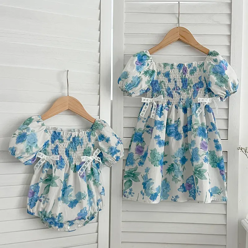 Summer Sisters Dress Matching Outfits Baby Short Sleeves Blue Flowers Lace Bow Bodysuit Turn-down Collar Dress Twins Clothing