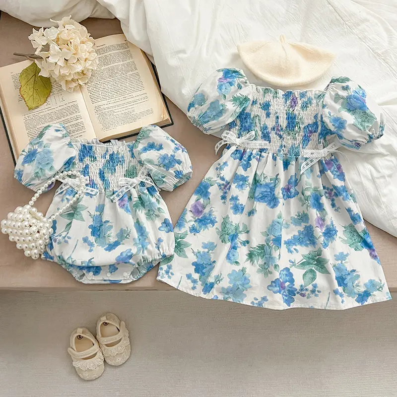 Summer Sisters Dress Matching Outfits Baby Short Sleeves Blue Flowers Lace Bow Bodysuit Turn-down Collar Dress Twins Clothing
