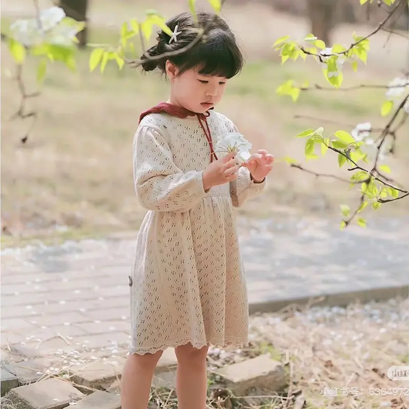 Autumn Knit Girl Costume Winter Baby Girls Lovely Princess Dress Children's Hollow-out Long-Sleeved Dress Knitted Woolen Dress