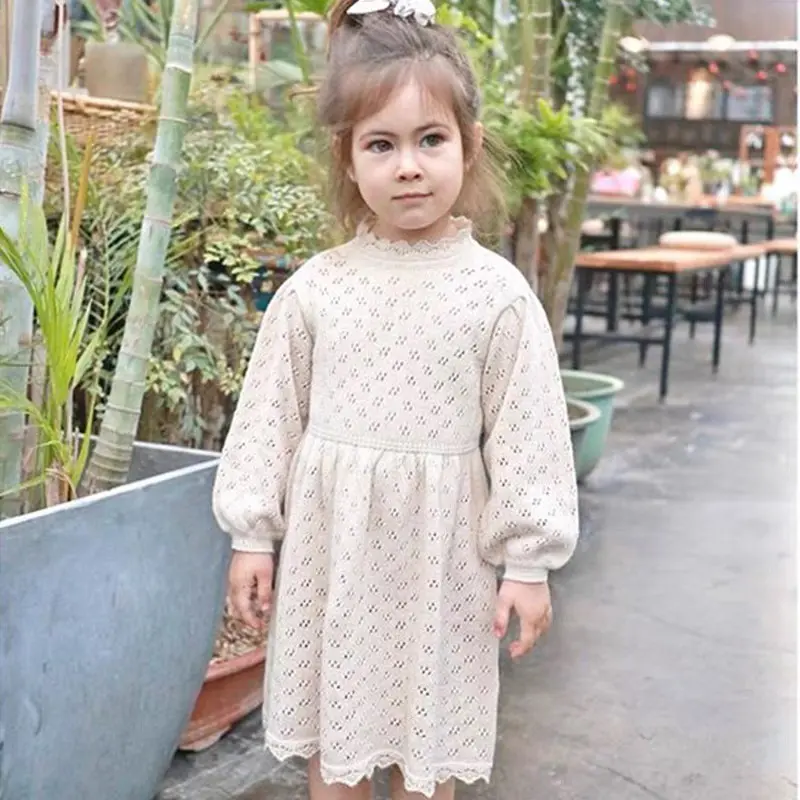 Autumn Knit Girl Costume Winter Baby Girls Lovely Princess Dress Children's Hollow-out Long-Sleeved Dress Knitted Woolen Dress
