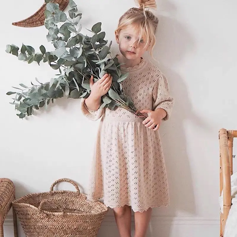 Autumn Knit Girl Costume Winter Baby Girls Lovely Princess Dress Children's Hollow-out Long-Sleeved Dress Knitted Woolen Dress