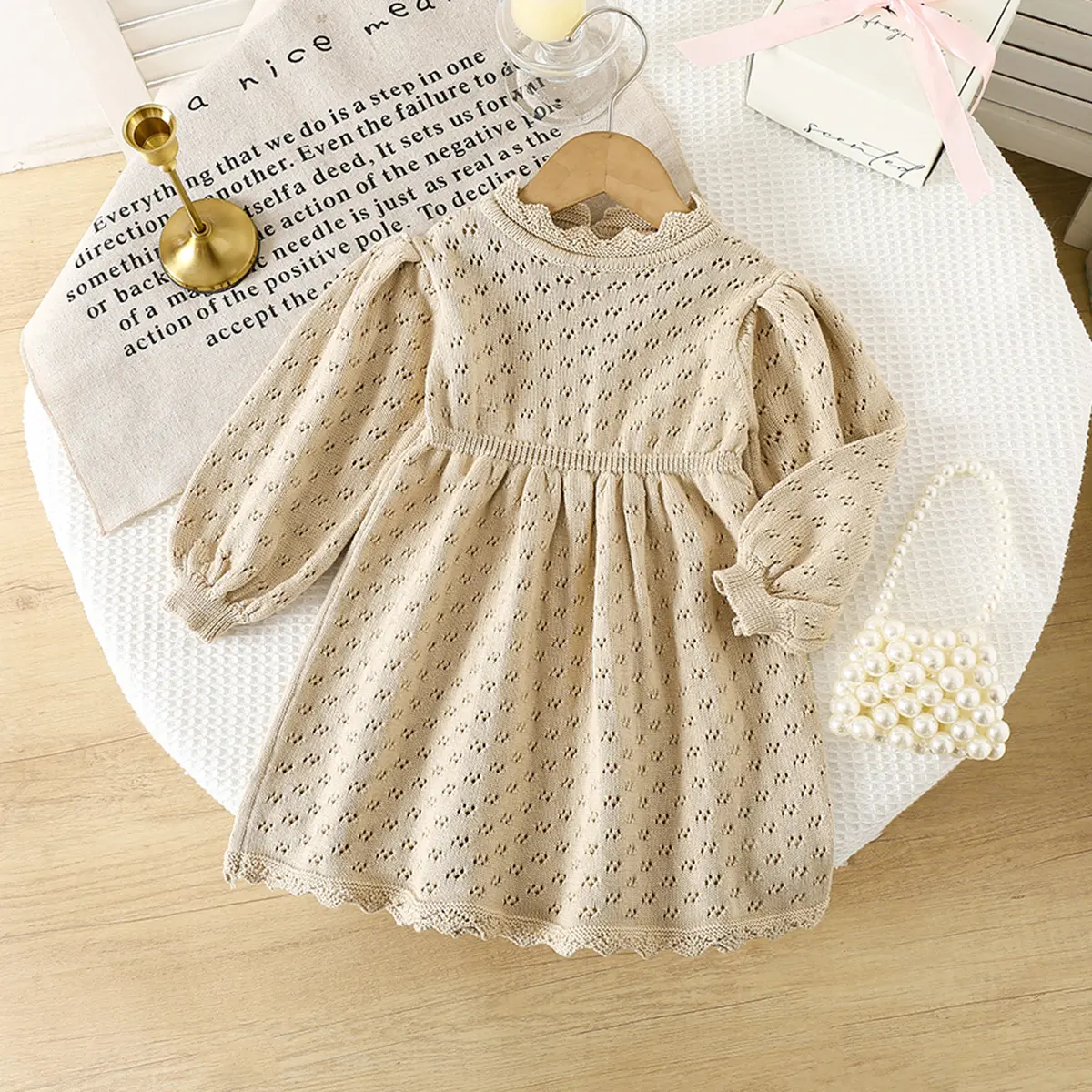 Autumn Knit Girl Costume Winter Baby Girls Lovely Princess Dress Children's Hollow-out Long-Sleeved Dress Knitted Woolen Dress