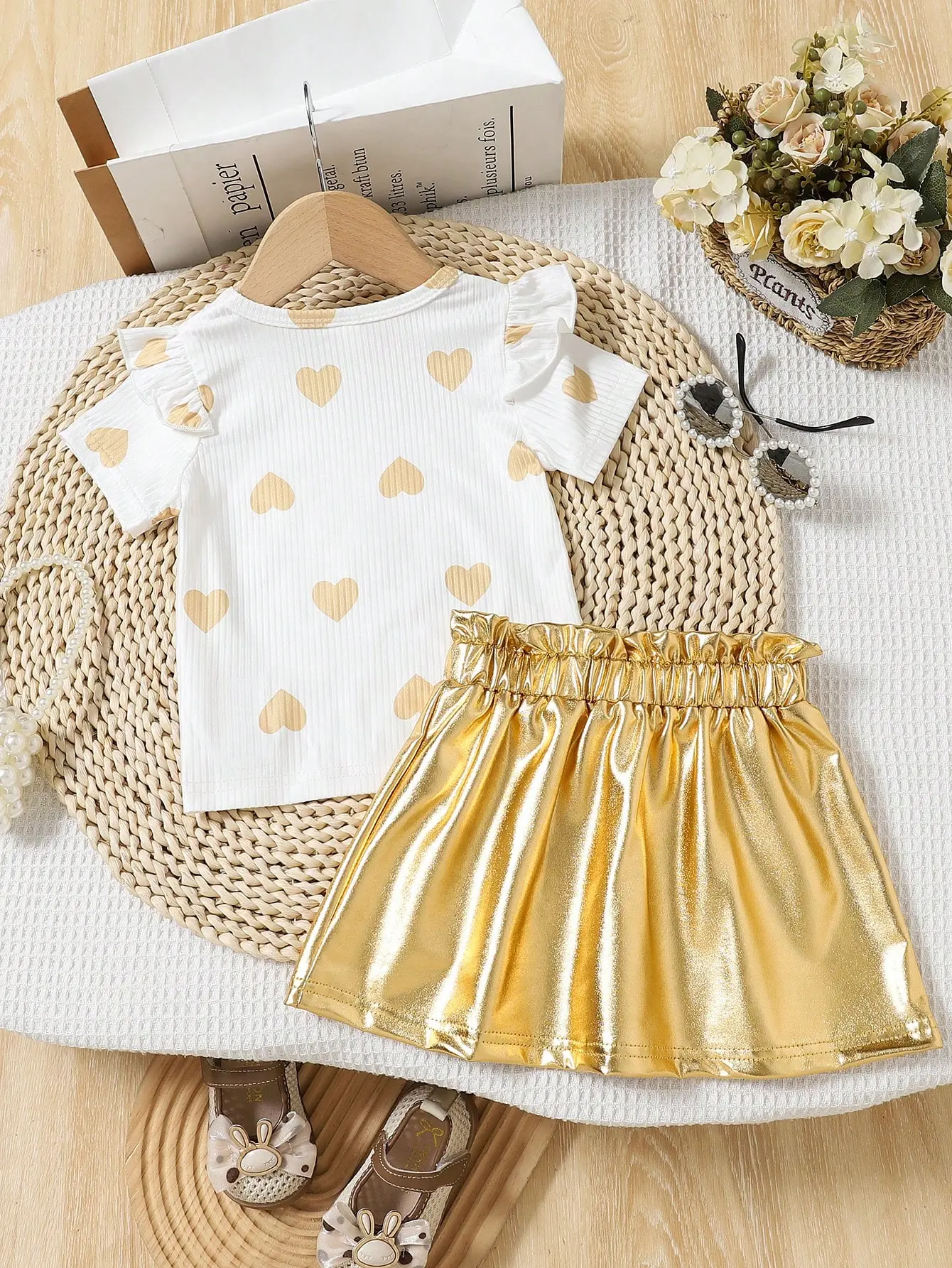 2025 Summer New Sweet Lovely Holiday Out Yellow Love Print Flying Sleeve Short Sleeve Gold Leather Skirt Bow Decoration Set