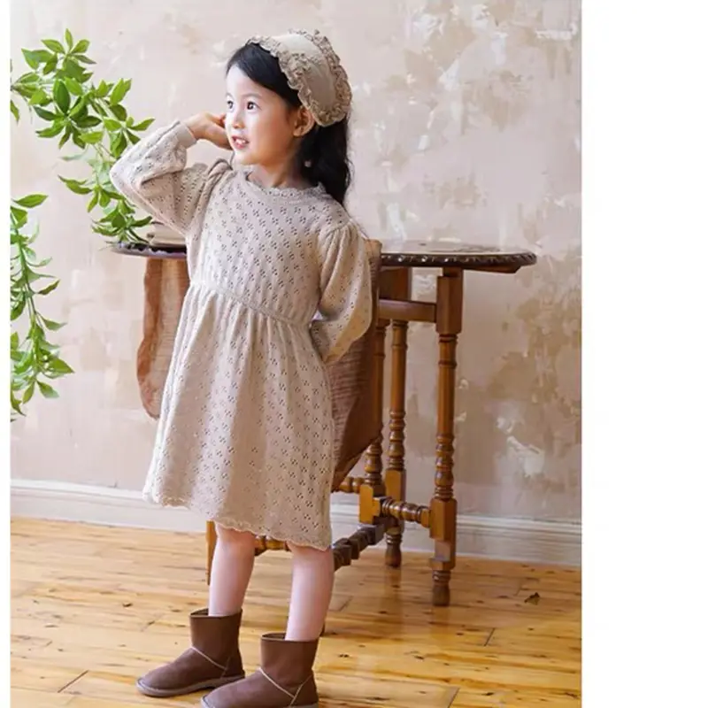Baby Girls Hollow Out Knitting Dresses Toddler Girl Winter Knit Dress Beautiful Vintage Style Child Full Sleeve Girl Costume