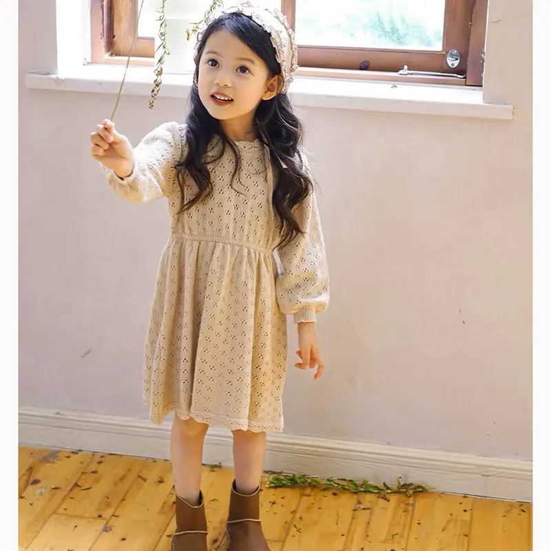 Baby Girls Hollow Out Knitting Dresses Toddler Girl Winter Knit Dress Beautiful Vintage Style Child Full Sleeve Girl Costume