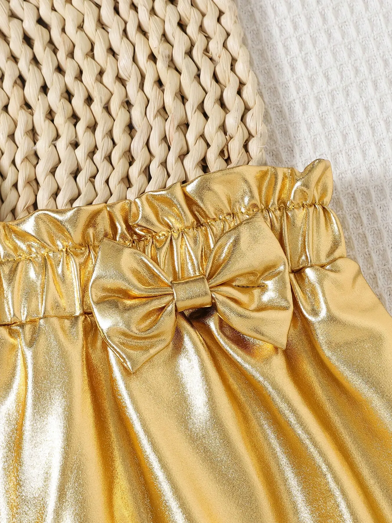2025 Summer New Sweet Lovely Holiday Out Yellow Love Print Flying Sleeve Short Sleeve Gold Leather Skirt Bow Decoration Set