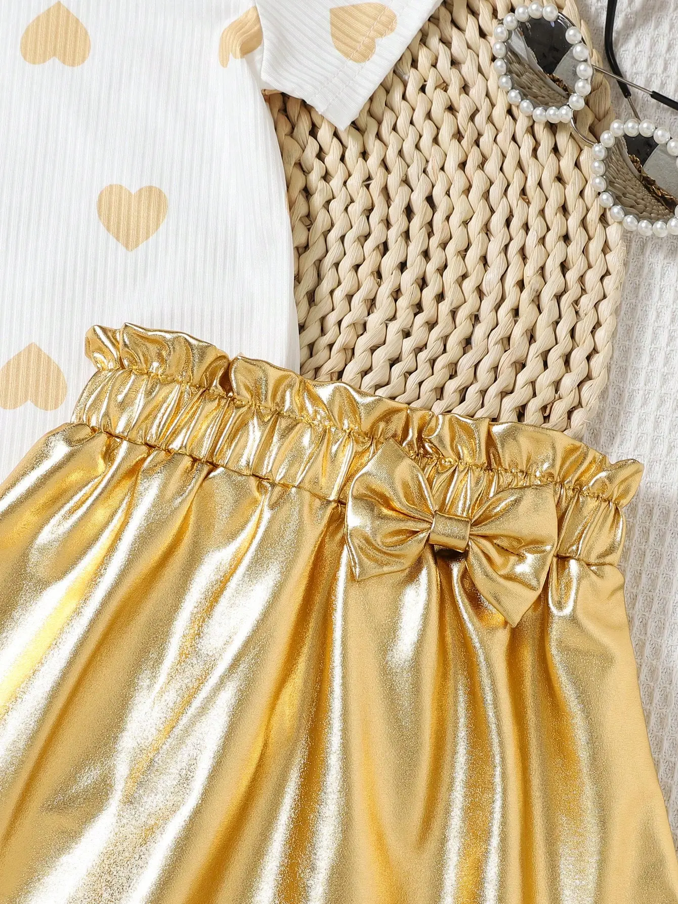 2025 Summer New Sweet Lovely Holiday Out Yellow Love Print Flying Sleeve Short Sleeve Gold Leather Skirt Bow Decoration Set