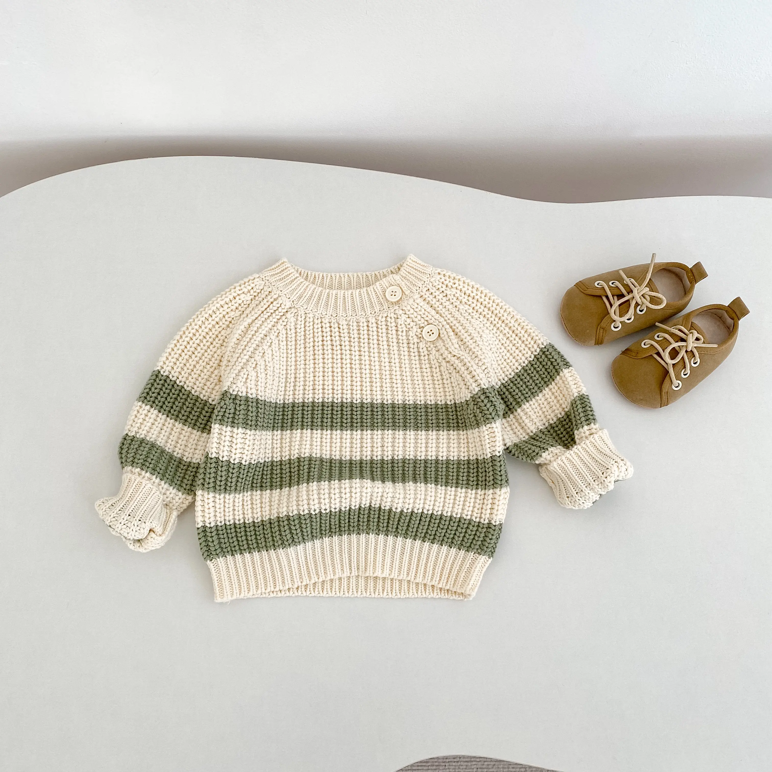0-3 year old baby clothing, green and white striped baby knitted suit, classic and easy to wear for boys and girls